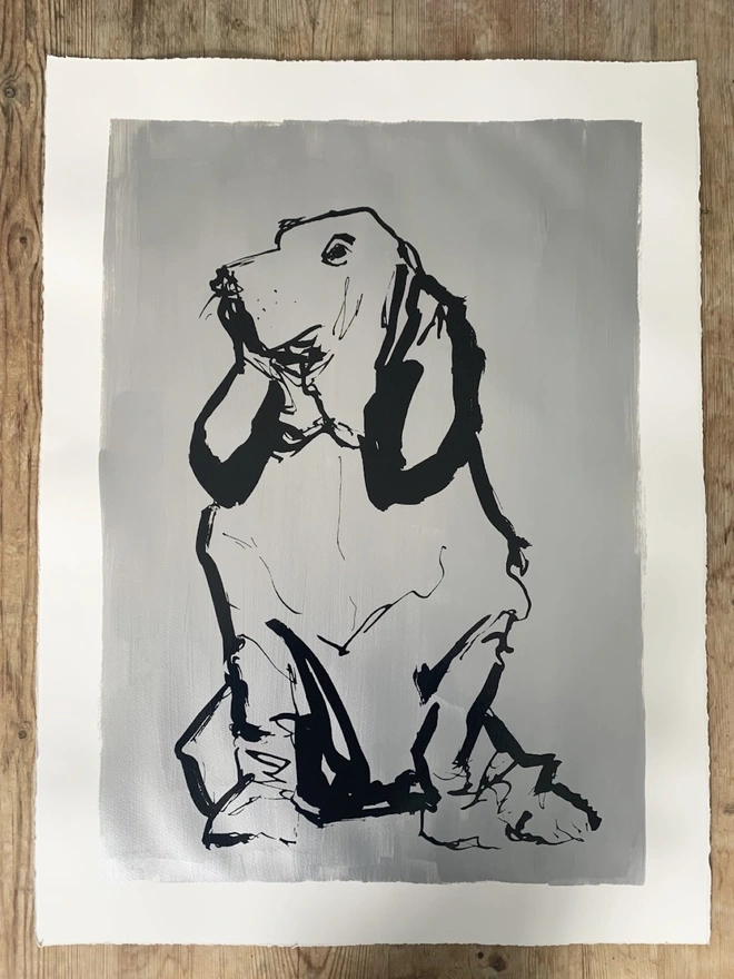 Basset Hound Dog in Silver Screenprint