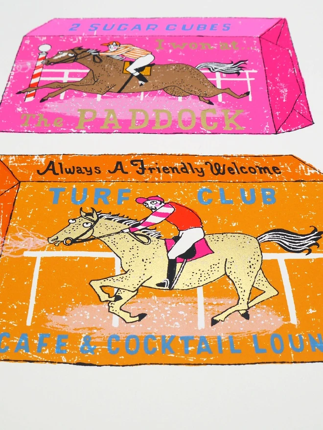Two Horse Race Horse Sugar Cubes Screenprint, a pair of colourful sugar cube designs on a white screenprint. 