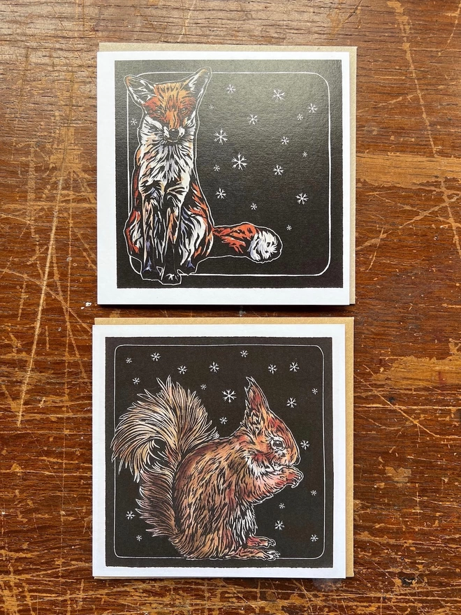 2 fox and red squirrel cards