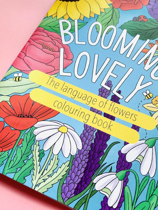 Illustrated a4 floral colouring book for adults and kids. A full colour cover reads ‘Blooming Lovely: the language of flowers colouring book’ surrounded by colourful wildflowers 