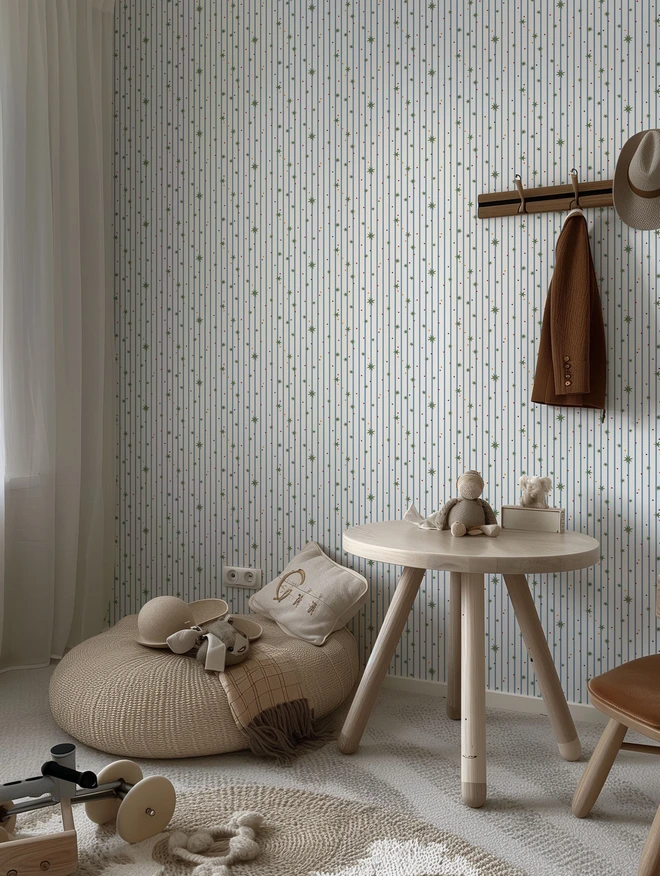 Ducks In A Row Stars and Stripes Kids Wallpaper in Boys Nursery with Wooden Scandi Toys and Furniture