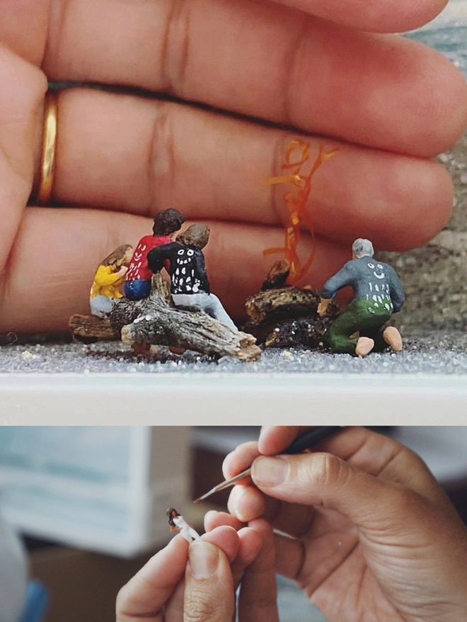 Two images showing the scale of the miniature figures. One is of a bonfire on a beach, the other is of Lisa painting a miniature celebrity figurine (Jameela Jamil)