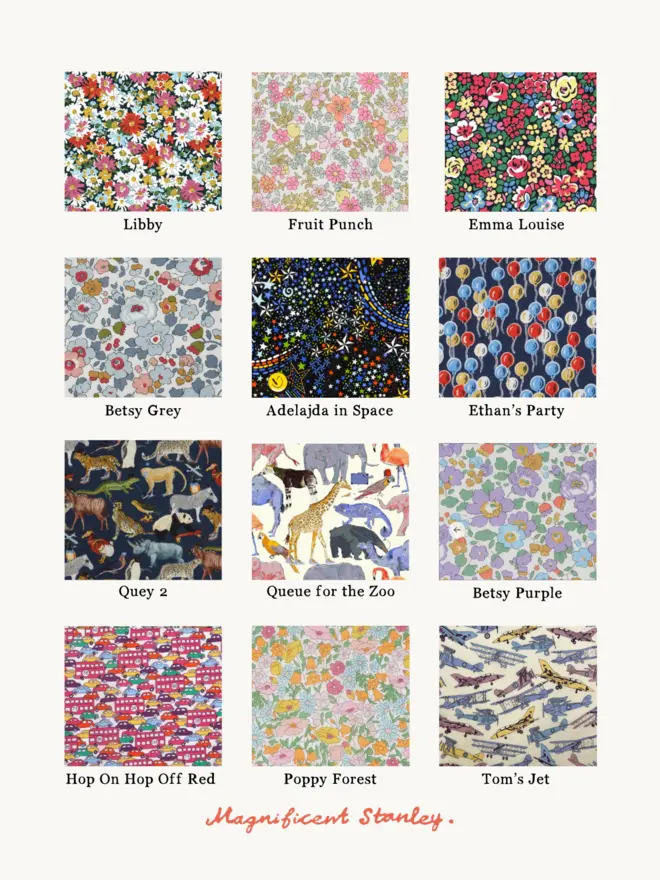 the choice of 12 Liberty Print swatches including floral prints, zoo animals, cars and planes