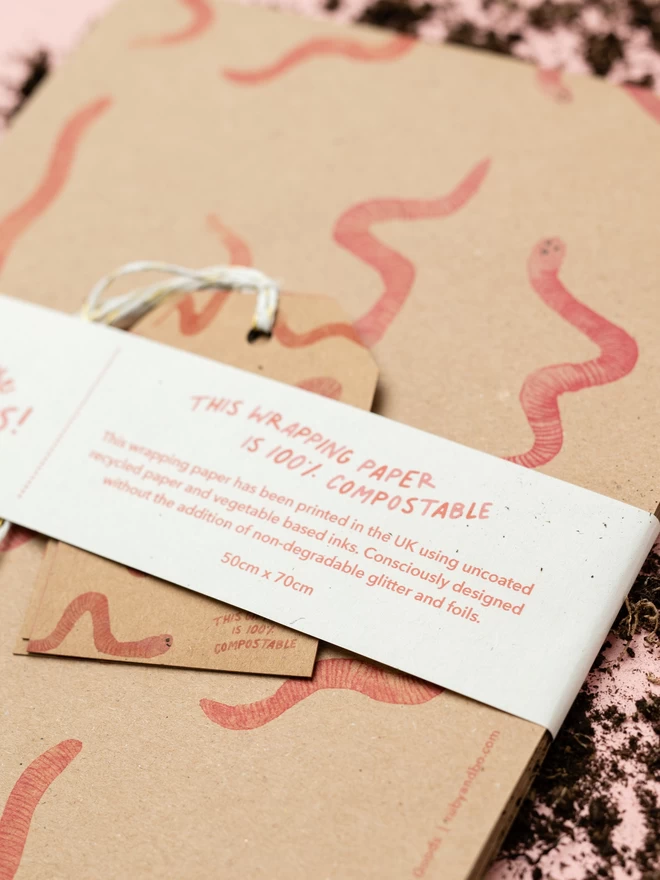 Feed The Worms Compostable Wrapping Paper & Tag Set