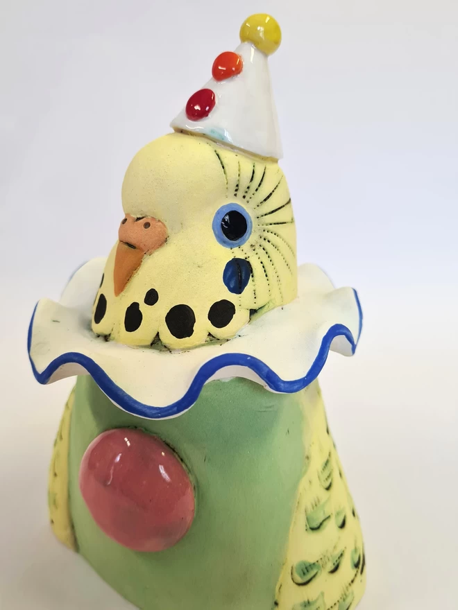 Charlotte Miller Coco the Budgie ceramic head seen from an angle.