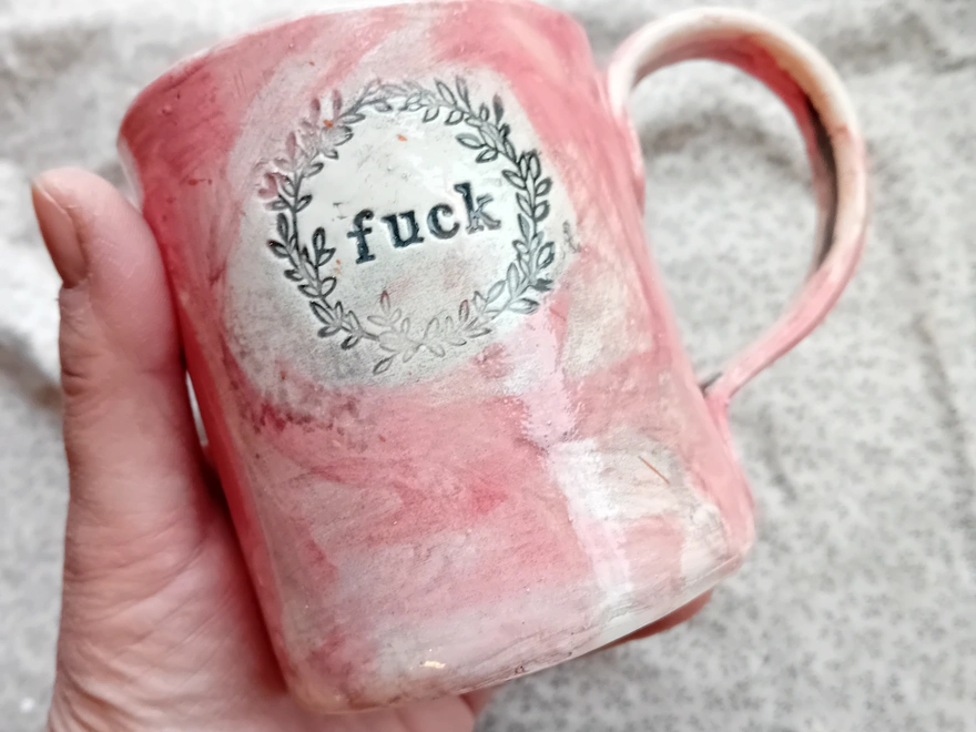 Personalised Stoneware Mug in pink with 'fuck' text
