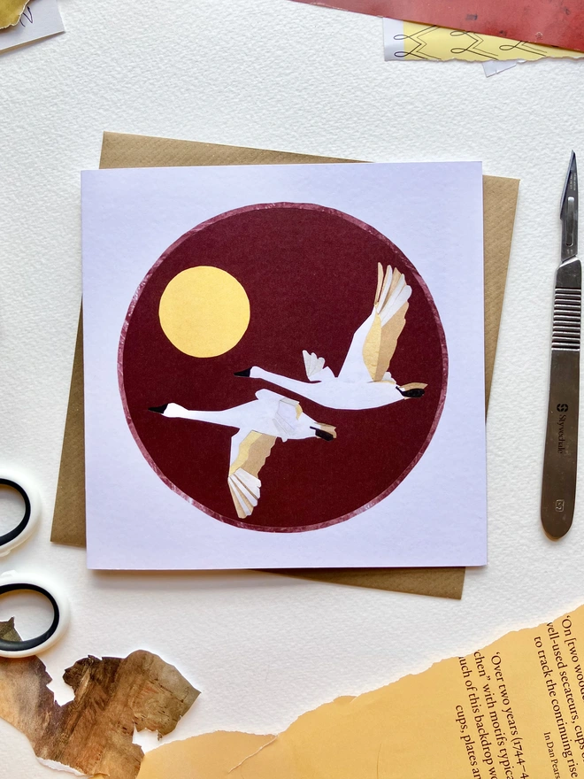 sunset swans card with collage materials 