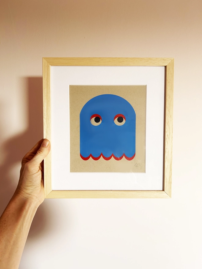 Wood Frame, Screen Print of Arcade Ghost by Hannah Carvell