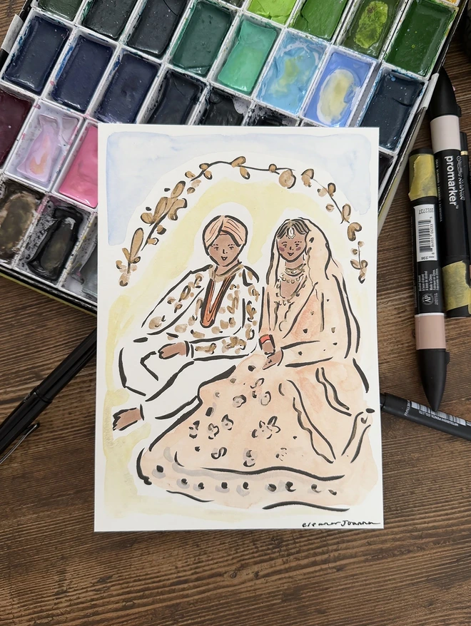 Portrait couple religious ceremony wedding detail watercolour and ink personalised gift