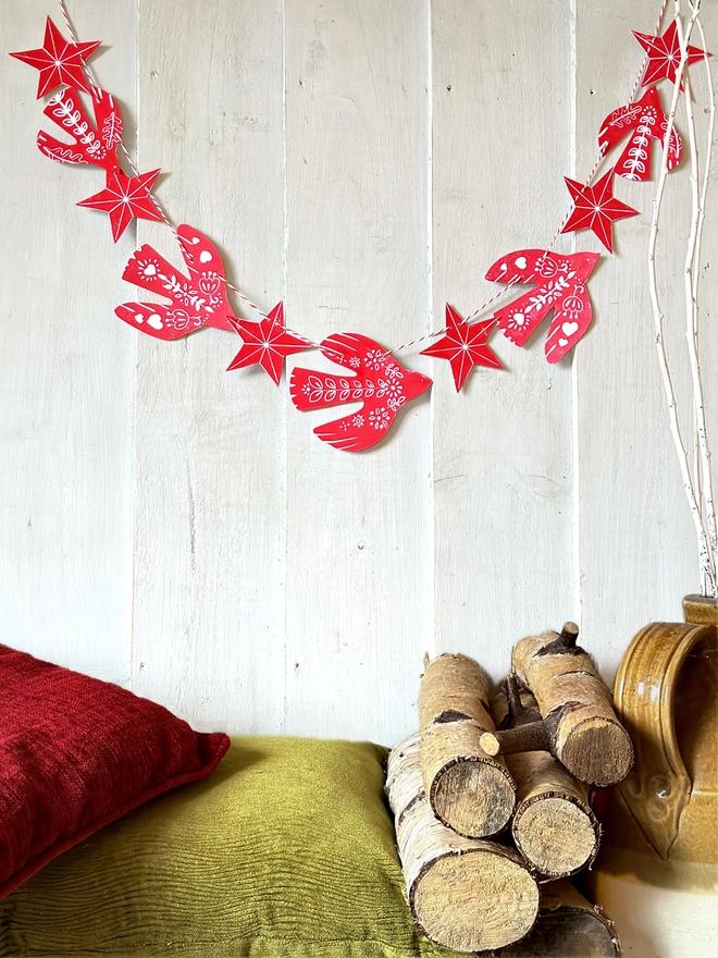 Traditional Nordic Folk Birds Christmas Linocut Garland