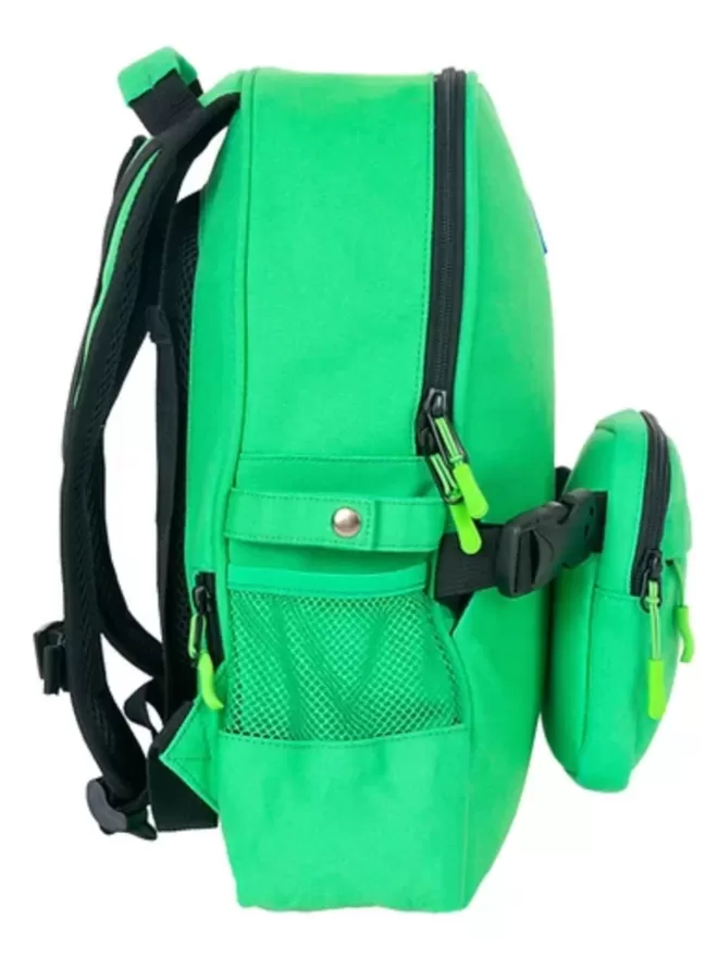 Side view of the Beltbackpack in green with view of a water bottle compartment.