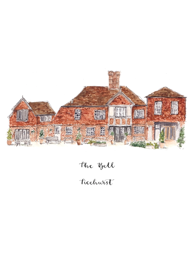 Watercolour painting of The Bell in Ticehurst, a beautiful brick building with a teracotta tile roof, small black framed white windows and seats and planting outside. The watercolour style is painted with a black pen outline and organic loose style with small details. 