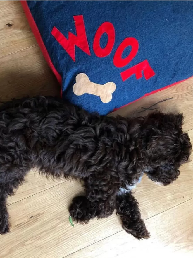 Denim Dog Bed with Red Woof and Cockerpoo
