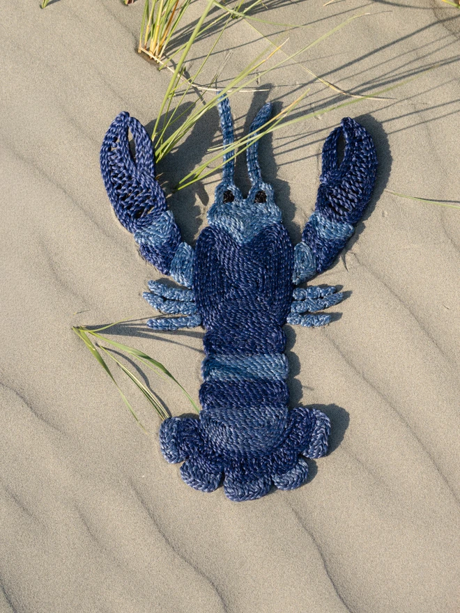 Navy blue jute lobster placemat on sandy beach