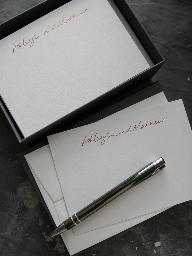 peronalised correspondance notecards hand foiled in rose gold foil