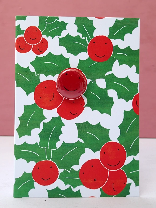 holly berry christmas greeting card with pin badge