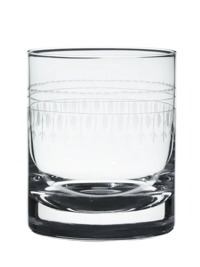 engraved ovals crystal whisky glasses. a drinks glass engraved with a detailed oval pattern.