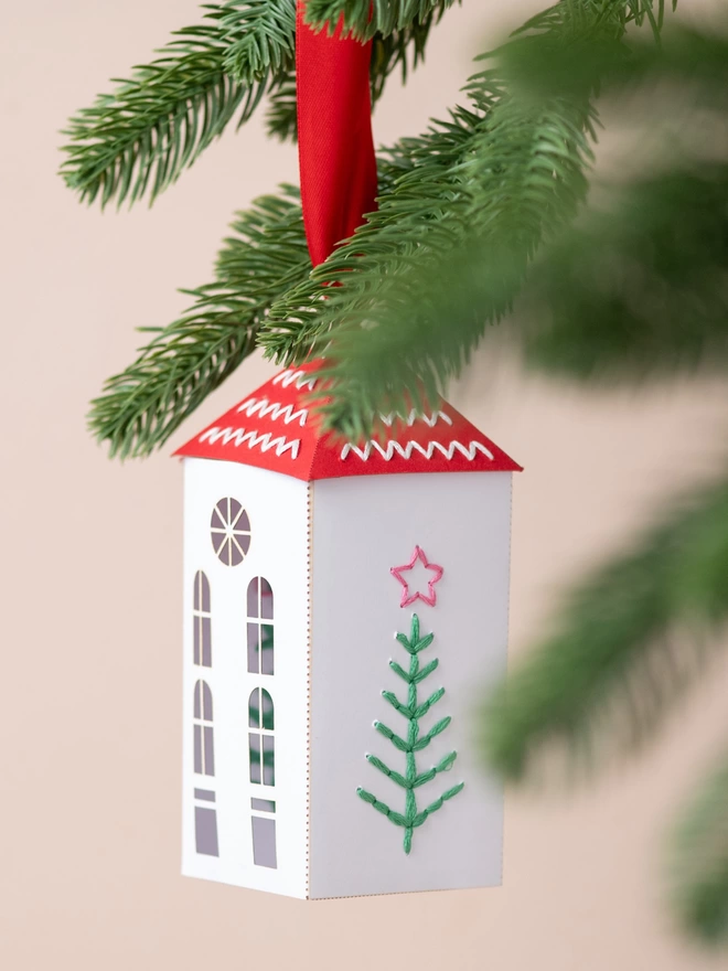 embroidery paper houses Christmas tree decoration DIY kit by My Papercut Forest