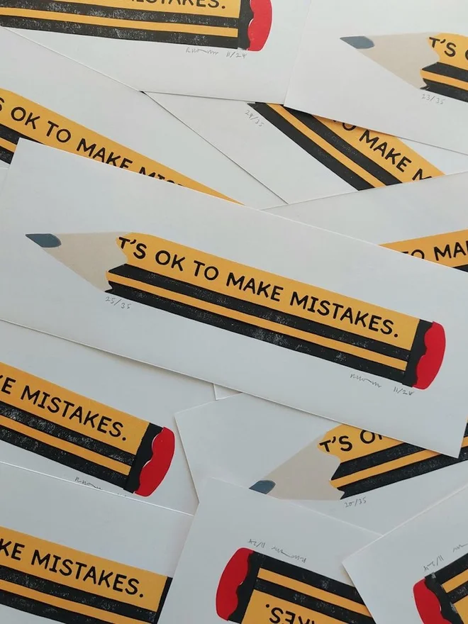 'Its Ok To Make Mistakes' Yellow Pencil Linocut 