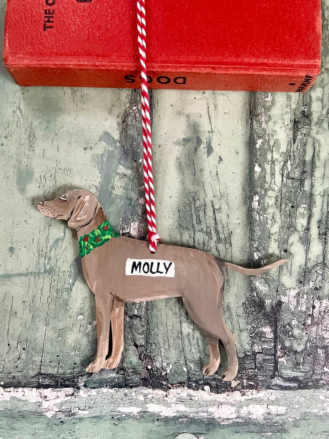 Weimaraner Hand-painted Dog Christmas Decoration hung with red and white twine