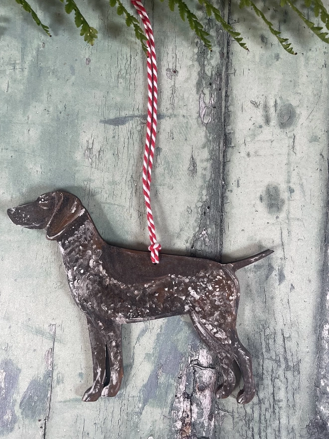 A dog breed decoration with red and white twine