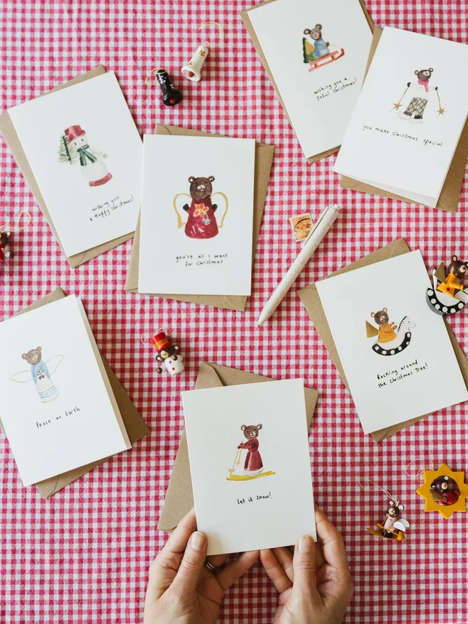Set of 7 Gold Foil Christmas Cards featuring Illustrated Christmas Characters