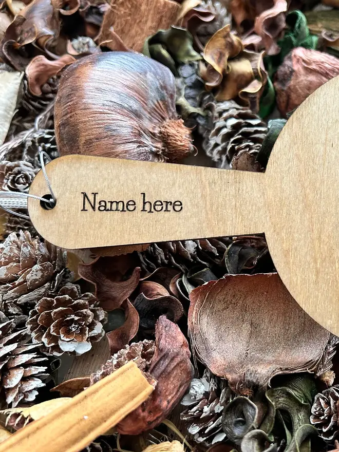Back of  birch wood bug identification magnifier engraved with "name here" displayed on forest floor materials.