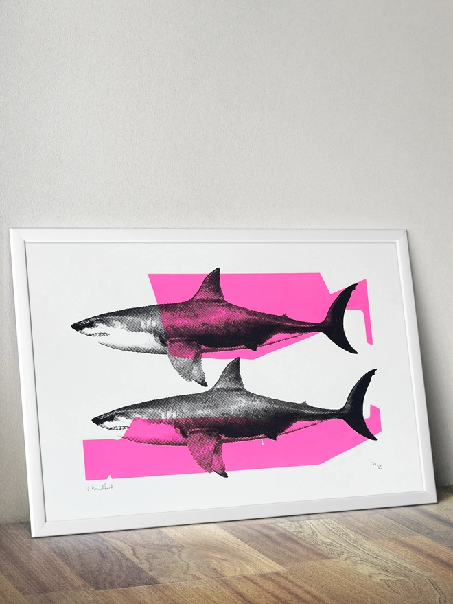 Shark Tank (Pink and Black) - Screen Printed Shark Poster - mock up in a frame