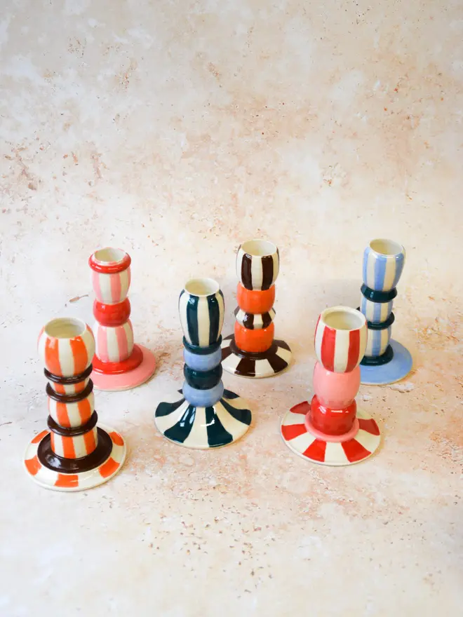 Handmade striped ceramic candlestick holders - full collection in assorted colours (red, brown, blue)