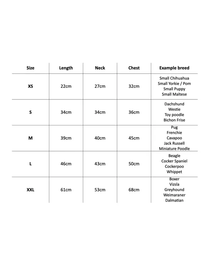 dog jumper size chart