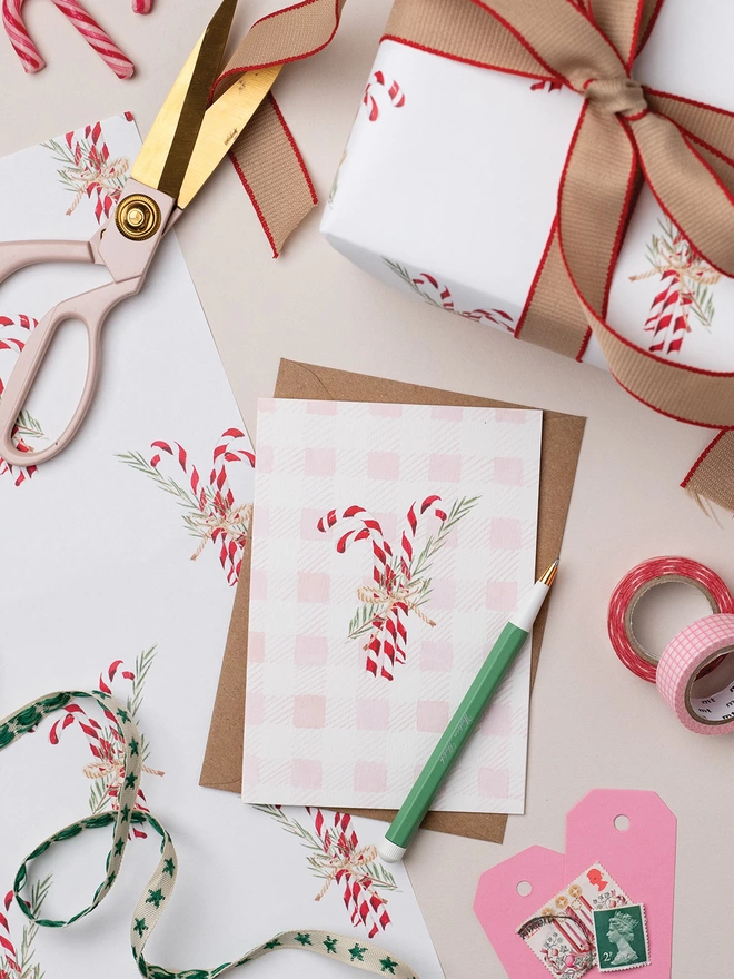 Candy Cane Greeting Card and Candy Cane Gift Wrap Scene with scissors, washi tape and stamps 