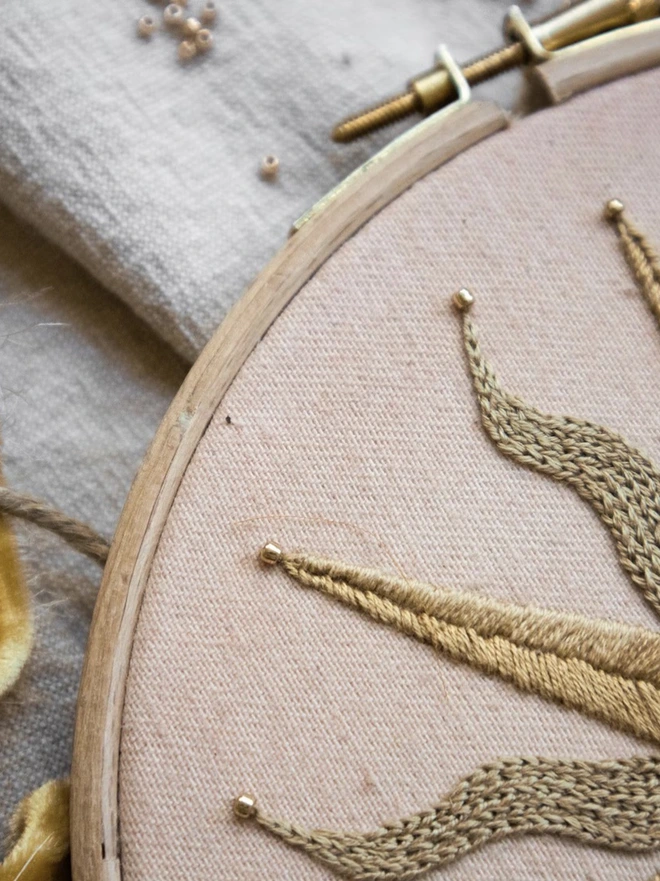 Details of the hand embroidery kit ‘Golden Solstice’ by Tired Starling Studio