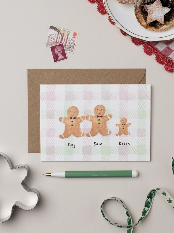 Personalised Gingerbread Family of 3 Christmas Card