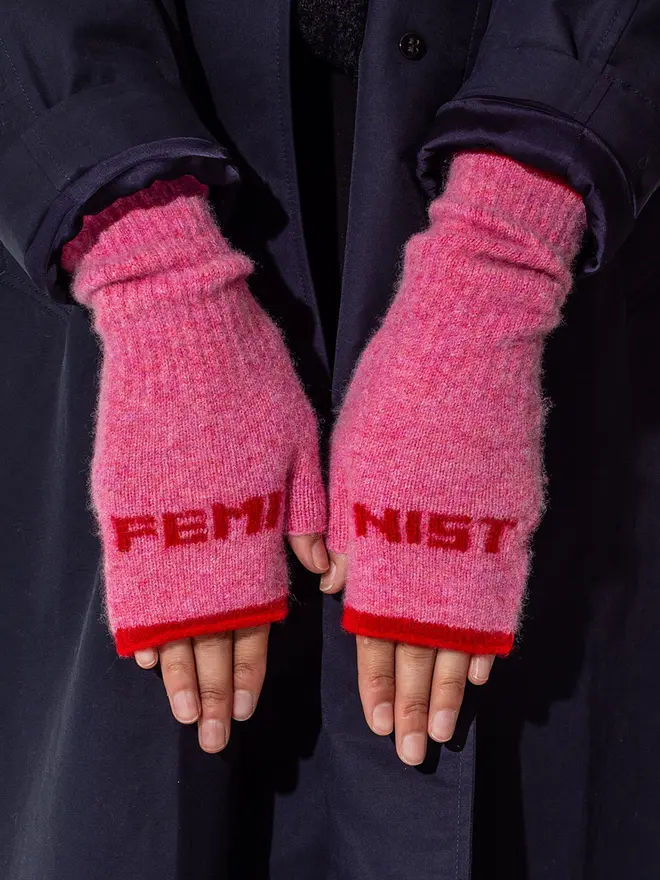 Feminist Mittens - Main - French Rose Trim - Rouge Wording - Rouge