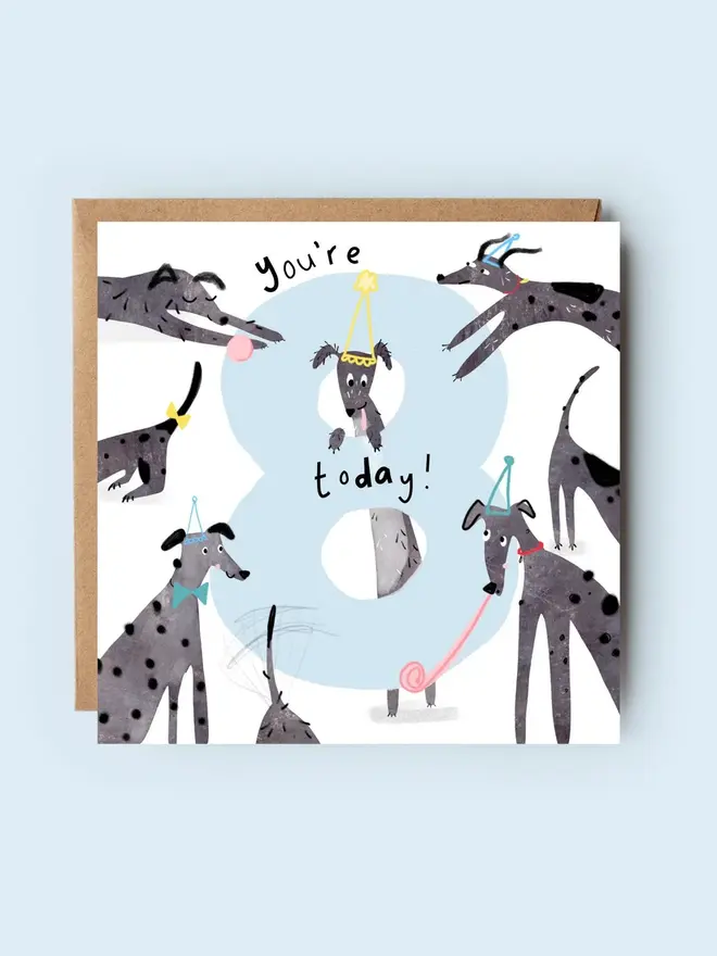 '8 today' illustrated birthday card. card featuring big number 8 and illustrated grey dogs.