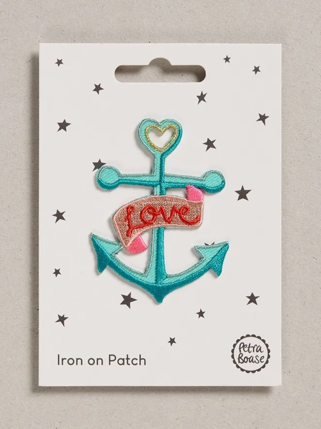 Love anchor iron on embroidered fabric patch. 