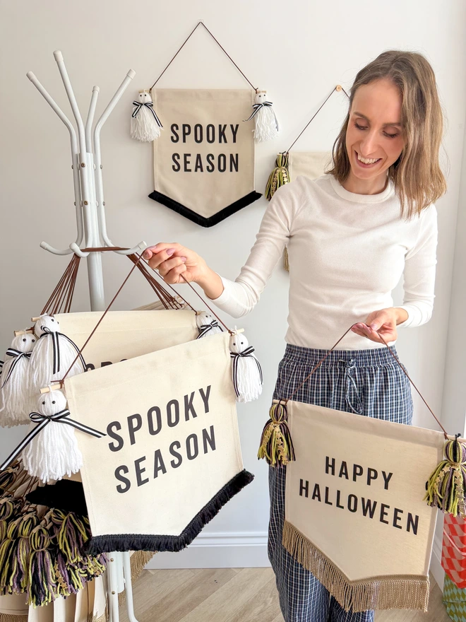 Spooky Season Halloween fabric banner with ghost tassels