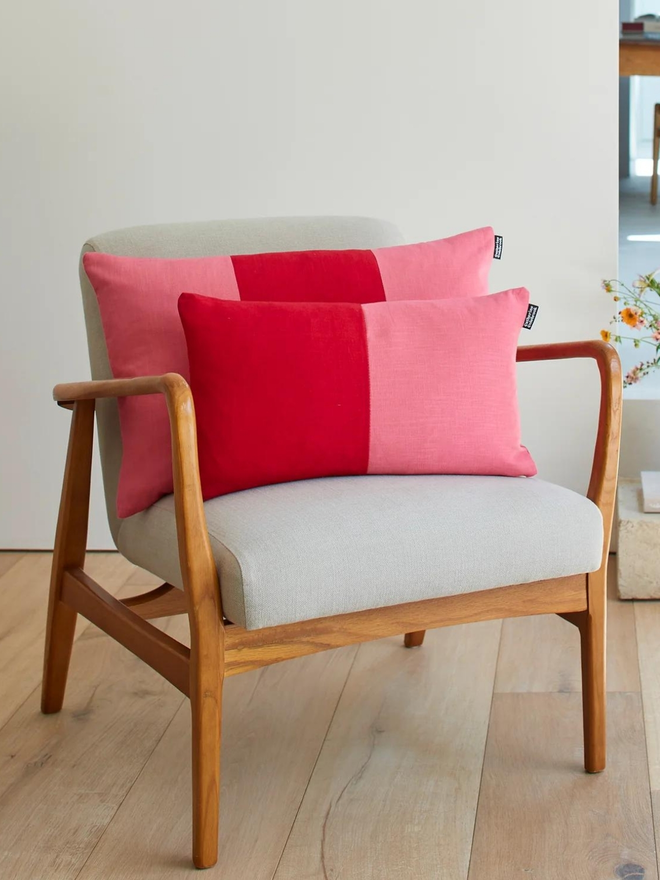 Colour Block Linen Cushion – Cherry/Rose