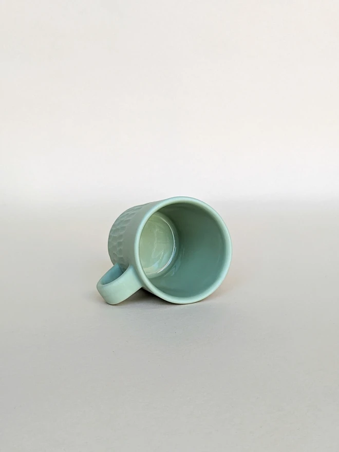 Tiny Porcelain Espresso Cup Pale Rockpool Green Hand Carved Scalloped Texture