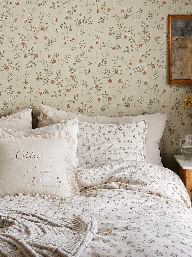 Soft linen personalised cushion - goose floral design - new baby gift blossom and bramble embroidery handmade painted hand embroidered. Vintage girls bedroom ditsy wallpaper