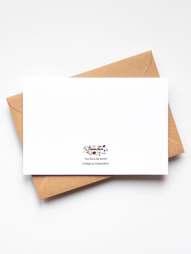 The back of a greeting card with a brown kraft envelope.