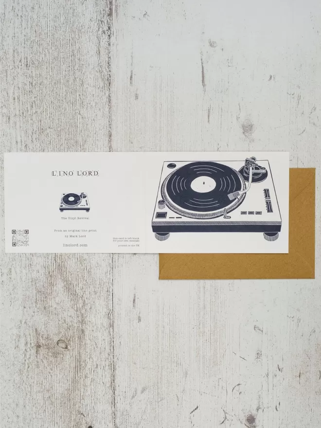 Greeting Card with an image of a Record Deck taken from an original lino print
