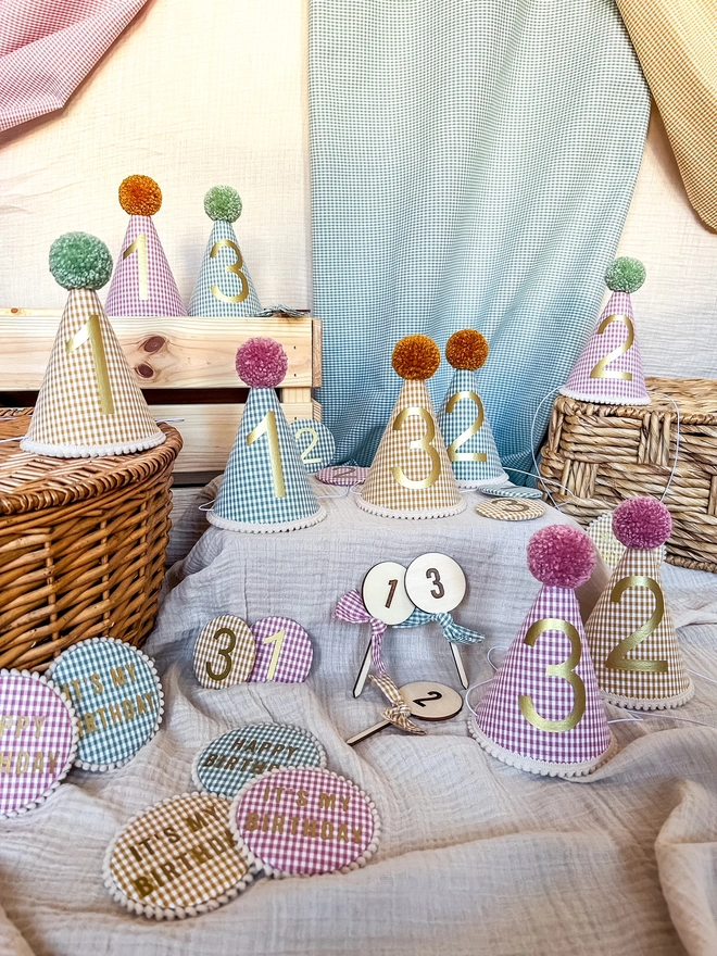 GIngham Check Party Hats, Birthday Badges and Cake Toppers