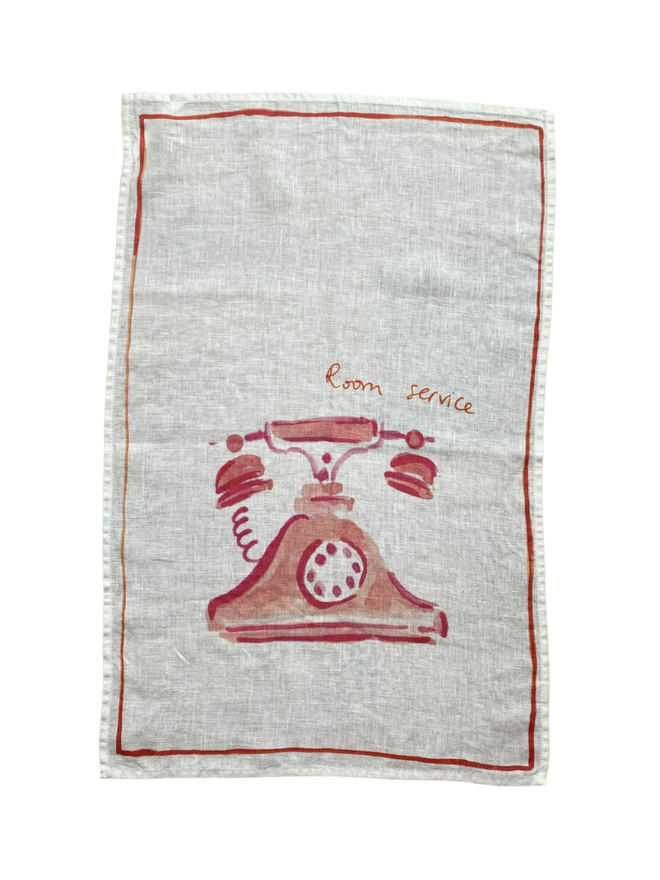 pink telephone print linen tea towel