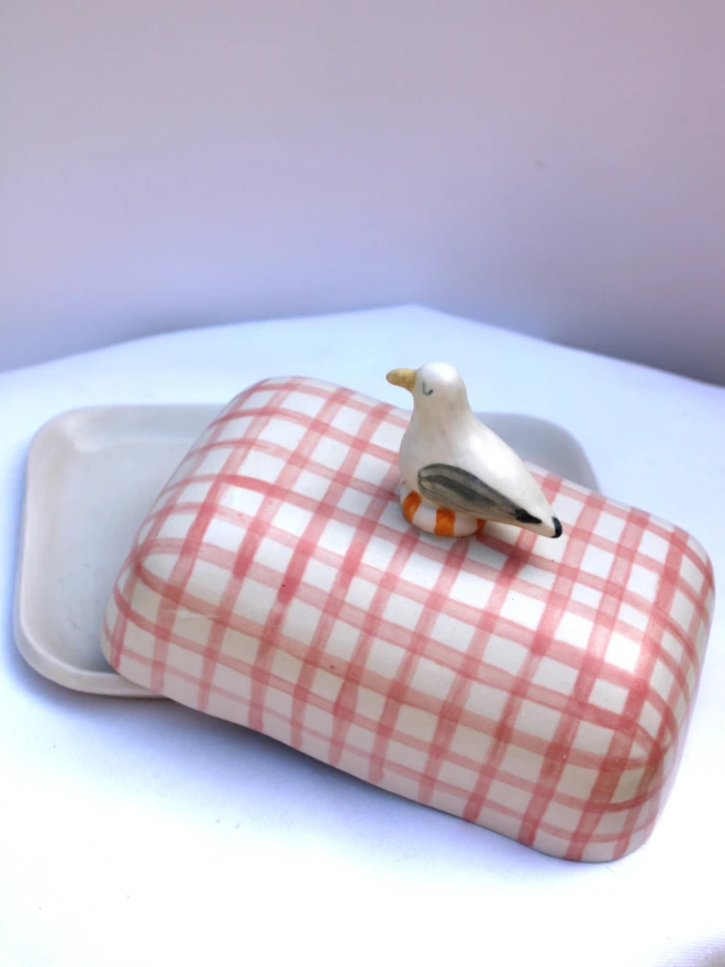 Seagull Butter Dish On Pink Gingham Background