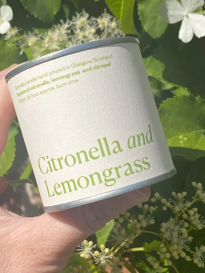 Citronella and Lemongrass Soy Wax Candle Candle, against a plant background. 