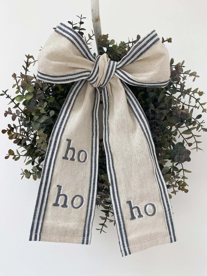 Christmas Embroidered Stripe Personalised Wreath Bow