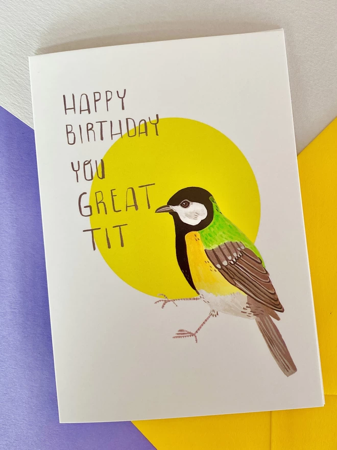 Illustrated Great Tit Birthday card 