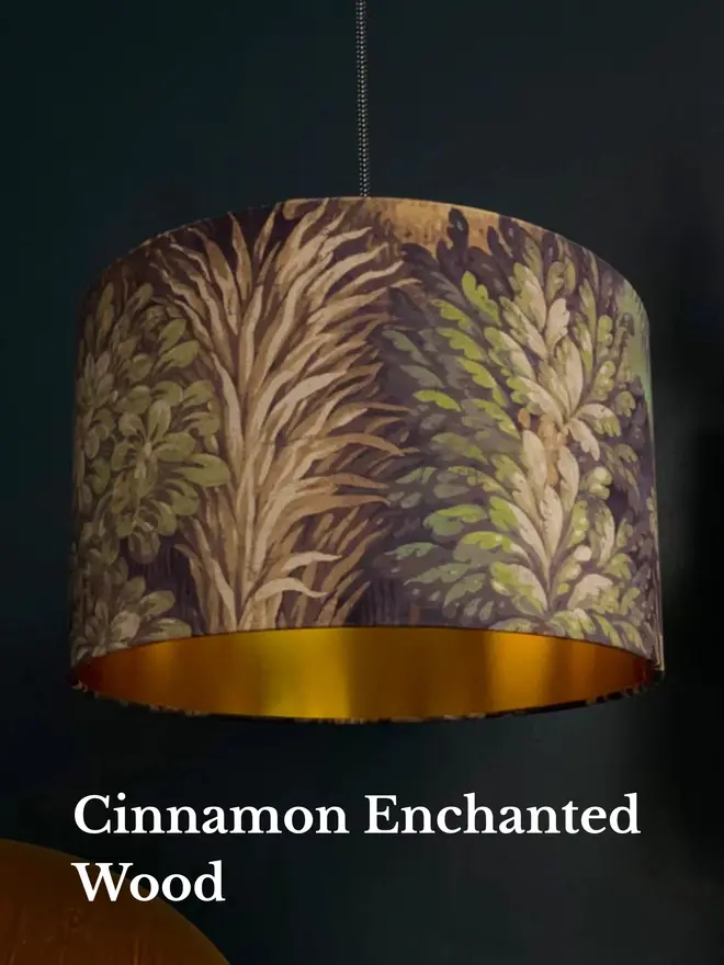 Cinnamon Enchanted Wood velvet lampshade with forest design and gold lining