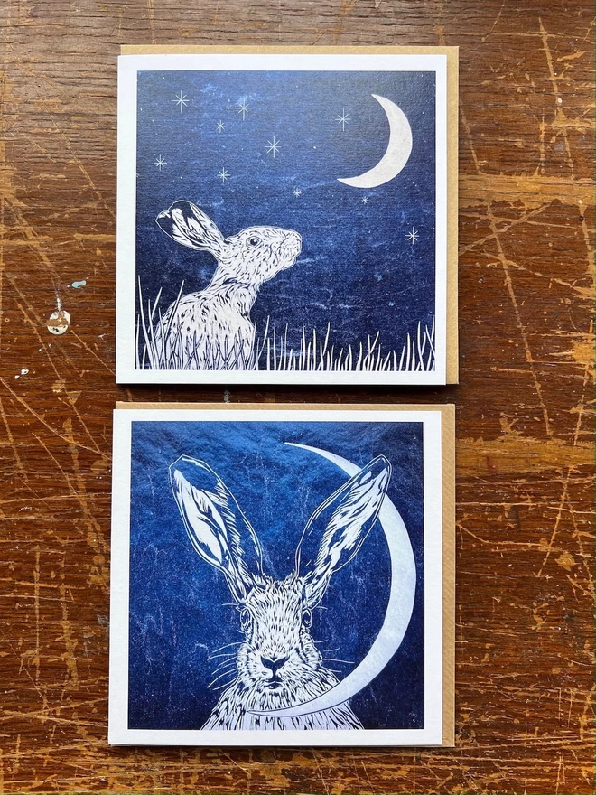 hare and crescent moon art cards